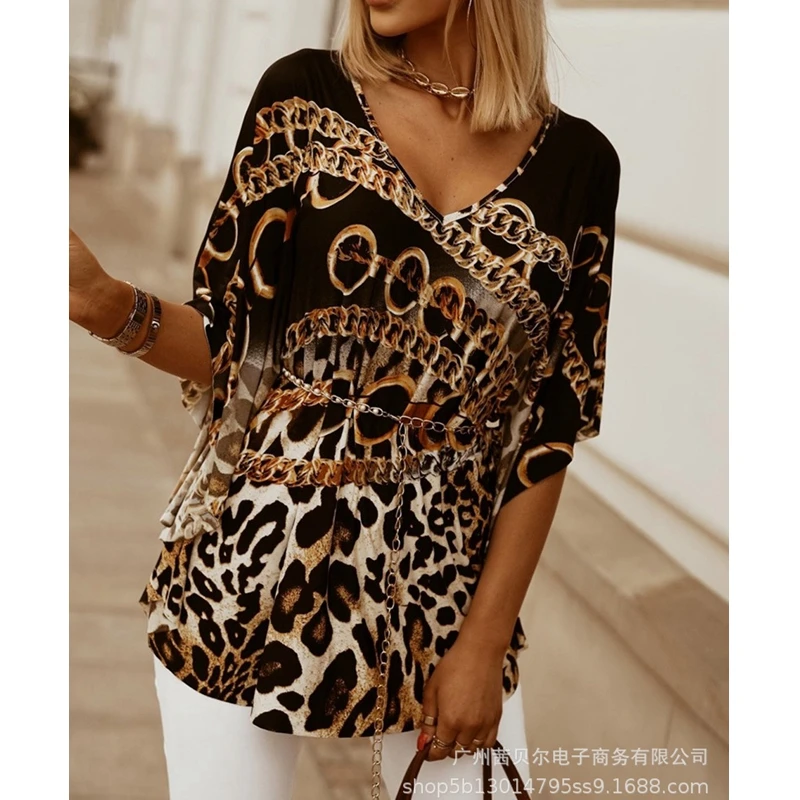 

WEPBEL Fashion Short Sleeve T-shirt Women's Casual Chain Printed Loose T-shirt Summer V-neck Pullover T-shirt Tops