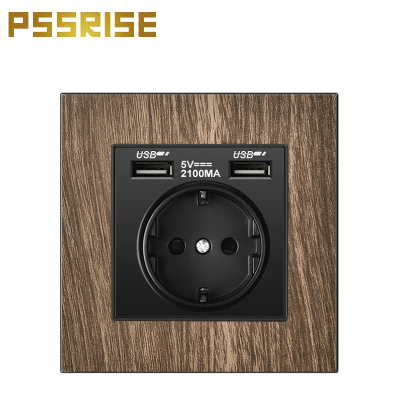 

PSSRISE Wall Dual USB EU Power Socket, Wood Grain Aluminum Alloy Panel, 86*86mm, Bedroom Socket, 16A Wall Embedded Socket Korea