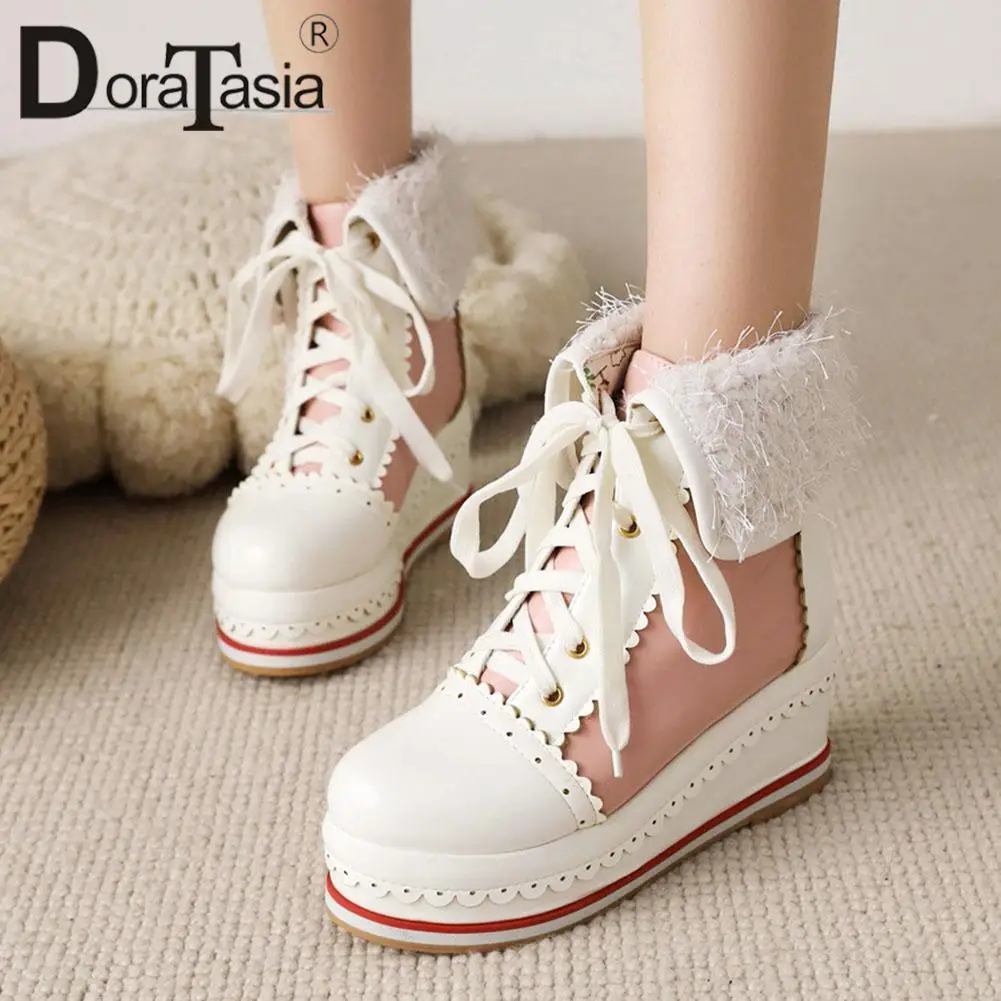 

DORATASIA Big Size 33-44 Brand New Lady Lace-up Wedges High Heels Boots Patchwork Platform Ankle Boots Women Casual Shoes Woman