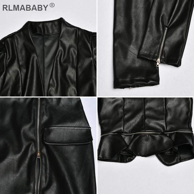 RLMABABY платье из искусственной кожи с рюшами на молнии, Женский комплект 2 шт. платье с v-образным вырезом и длинным рукавом, облегающее платье на молнии, сексуальное платье для ночного клуба