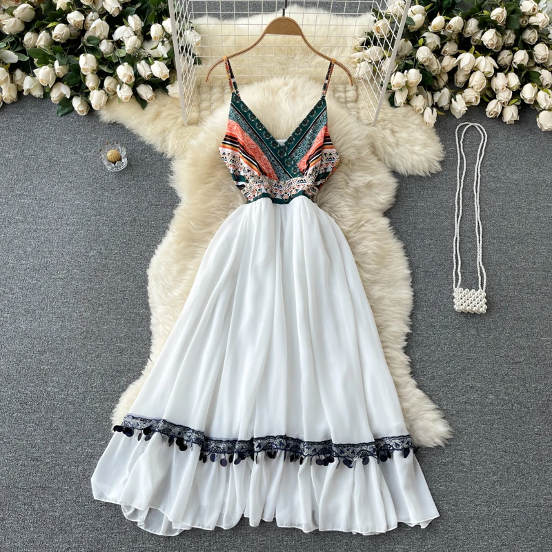 

Travel vacation dress women's summer dress retro celebrity style print stitching mid-length chiffon large swing suspender skirt