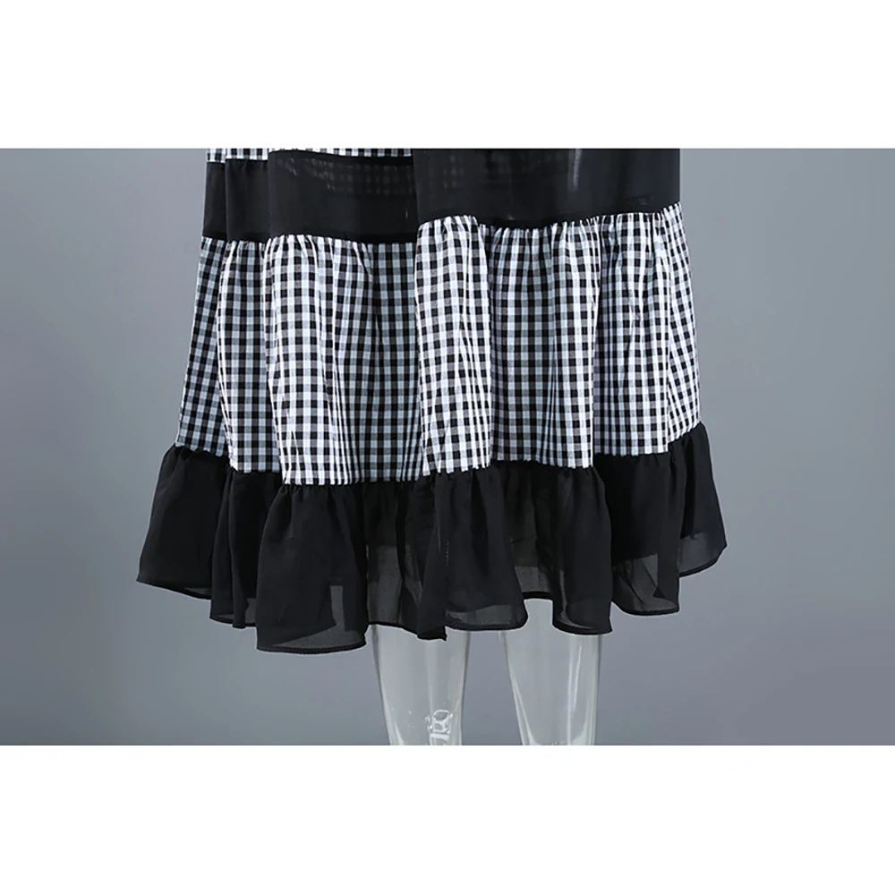 

YUANYUANJYCO Summer Women Midi Casual Cotton Skirts Fashion Patchwork Lace Ruffles Elastic High Waist Calf Length Plaid Clothes