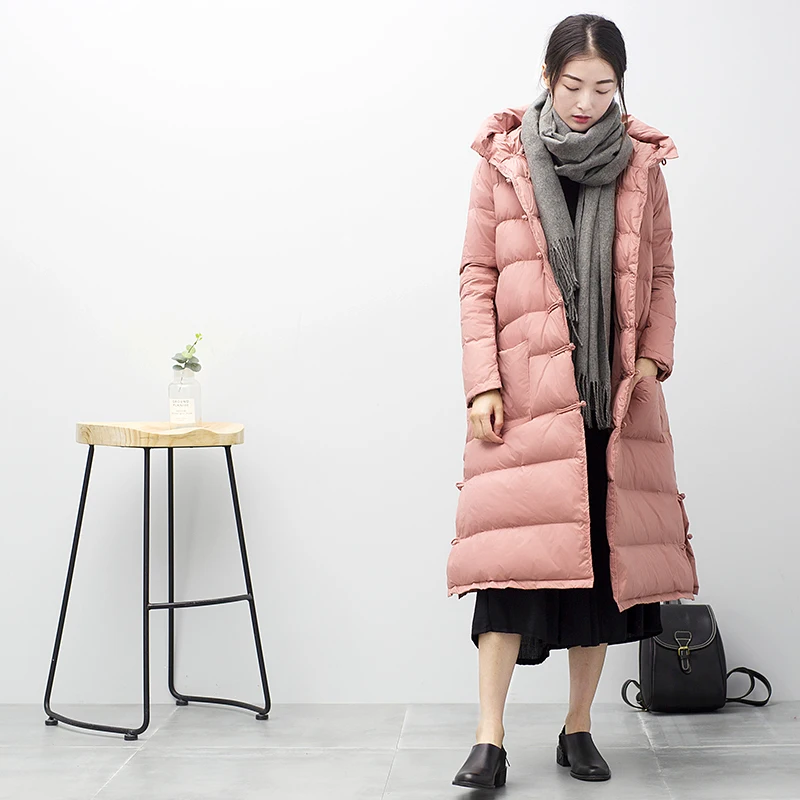 2020 New Large Women Winter Down Coat Vintage Chinese Button X-long Hooded Jackets Female Outerwear Warm OK1051 | Женская одежда