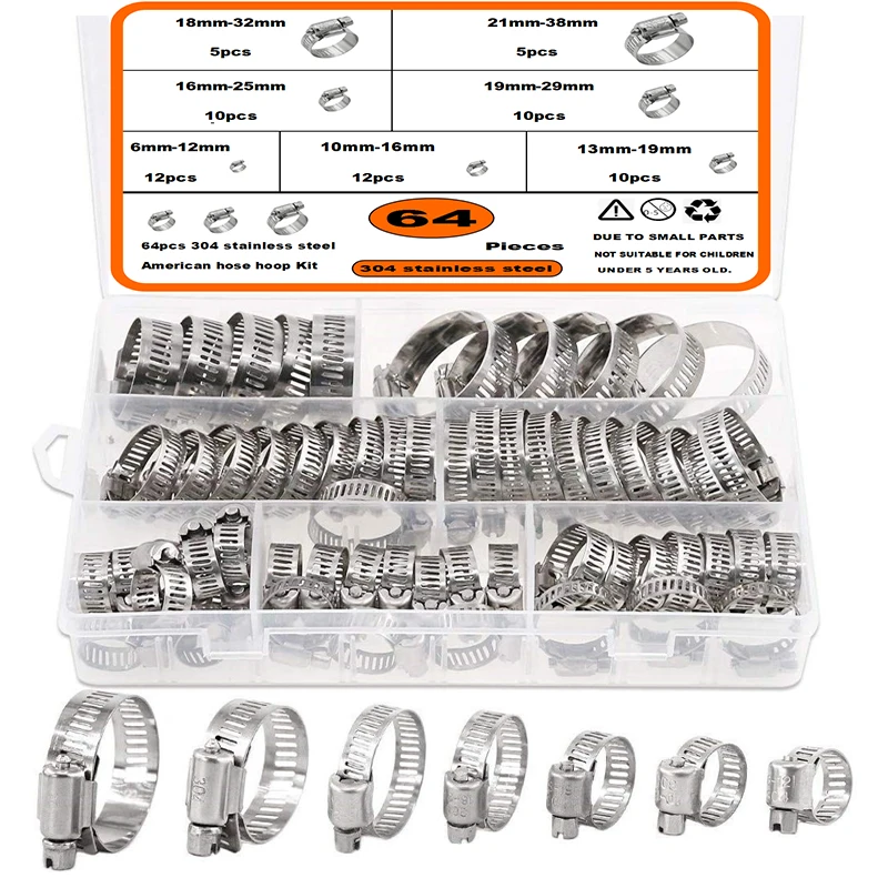 

6 to 38mm Diameter Adjustable Clips 64Pcs Worm Gear Hose Clamp Assortment Kit for Various Pipes Automotive Mechanical Use