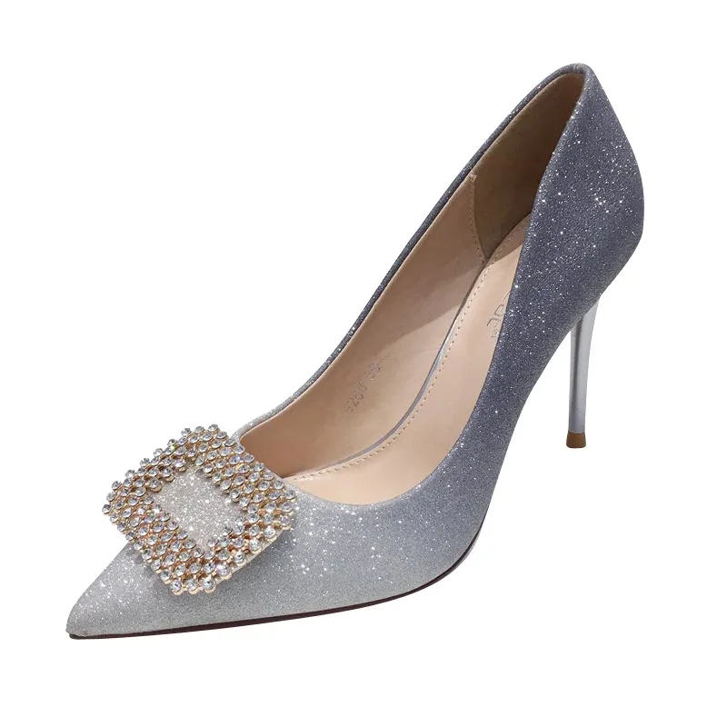 

Women's shoes 2020 Gradient color rhinestone snowflake buckle high heels pointed toe stiletto pumps banquet wedding shoes