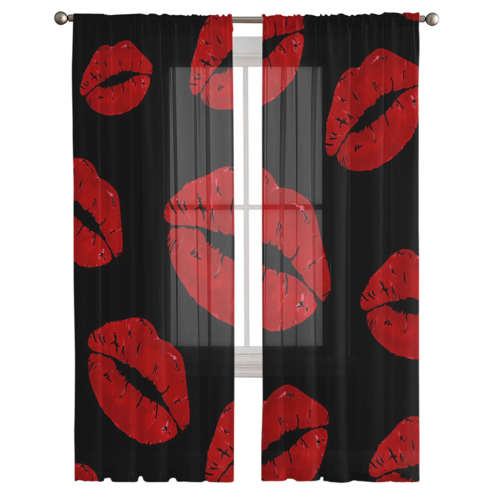Черные прозрачные шторы с принтом красных губ тюлевые занавески для окон