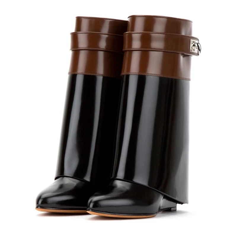 

Shark Lock Women Mid-Calf Boots Women Cow Leather Pointed Toe High Heels Botas Mujer Slip-On Height Increasing Wedge Party Shoes