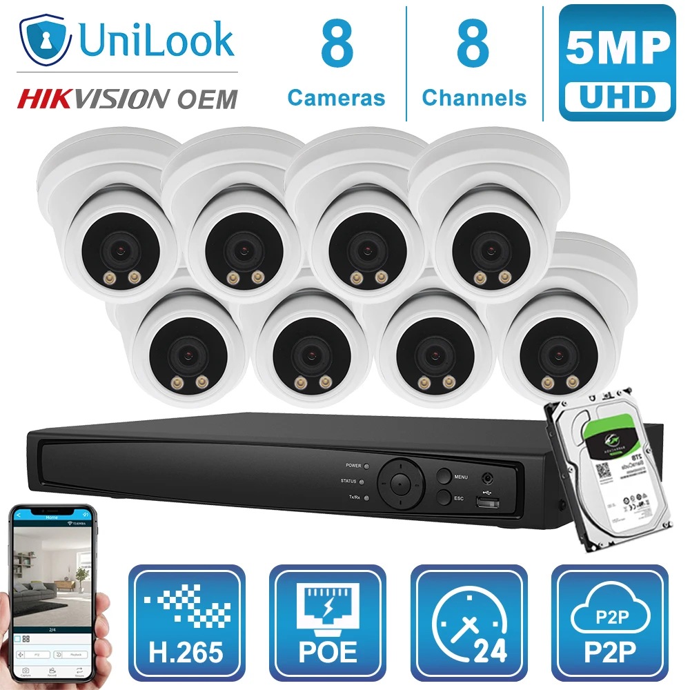 

UniLook 8CH NVR 4/6/8Pcs White 5MP Dome POE IP Camera NVR kIt 3.6mm ColorVu CCTV Security System Outdoor NVR Kit Onvif H.265 P2P