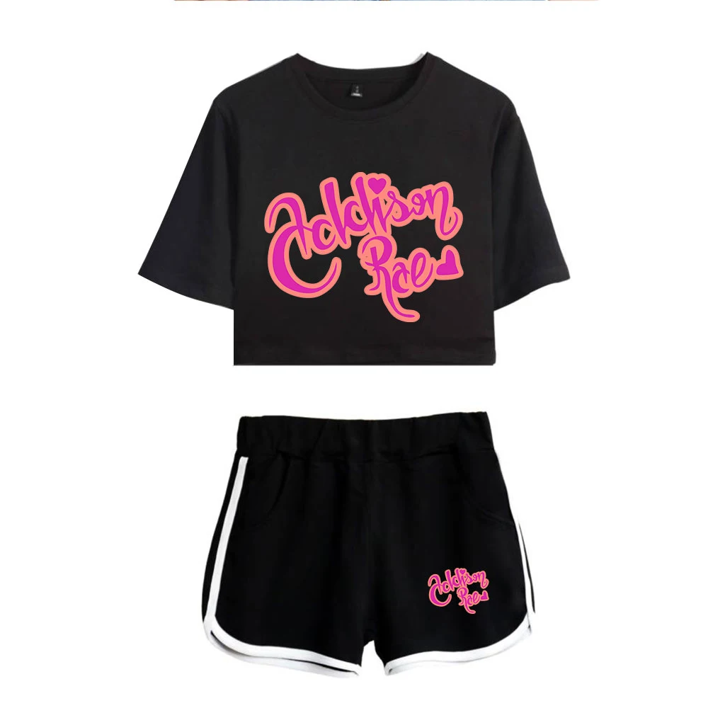 

White Addison Rae Bare Navel t shirt Shorts Girls Two-piece Black Casual Wear Sexy Women's Hedging T-shirt Printed Ladies Suit