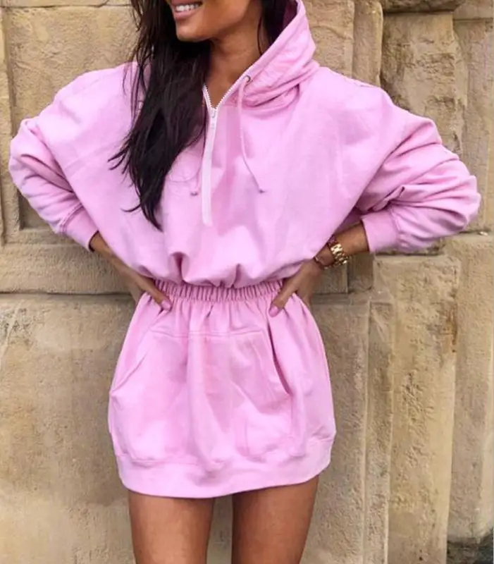 

BKLD Women Dress Casual Hooded Pocket Long Sleeve Elastic Waist Sweatshirt Dress 2020 Autumn Harajuku Women Sexy Party Dress