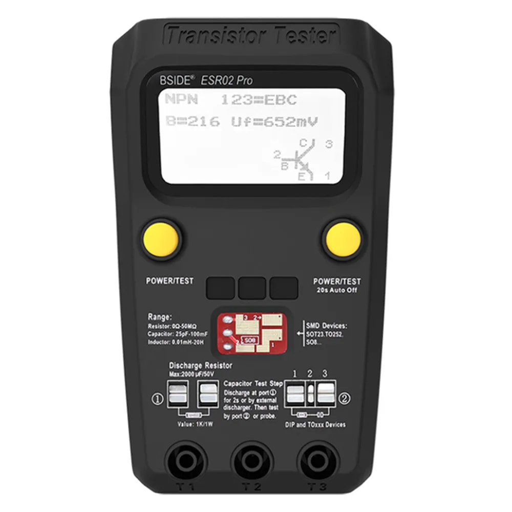 

Мультиметр SMD BSIDE ESR02 Pro, цифровой тестер транзисторов, 9 В, зажим, измеритель компонентов, резистор, индуктивный светодиодный измеритель, Трио...