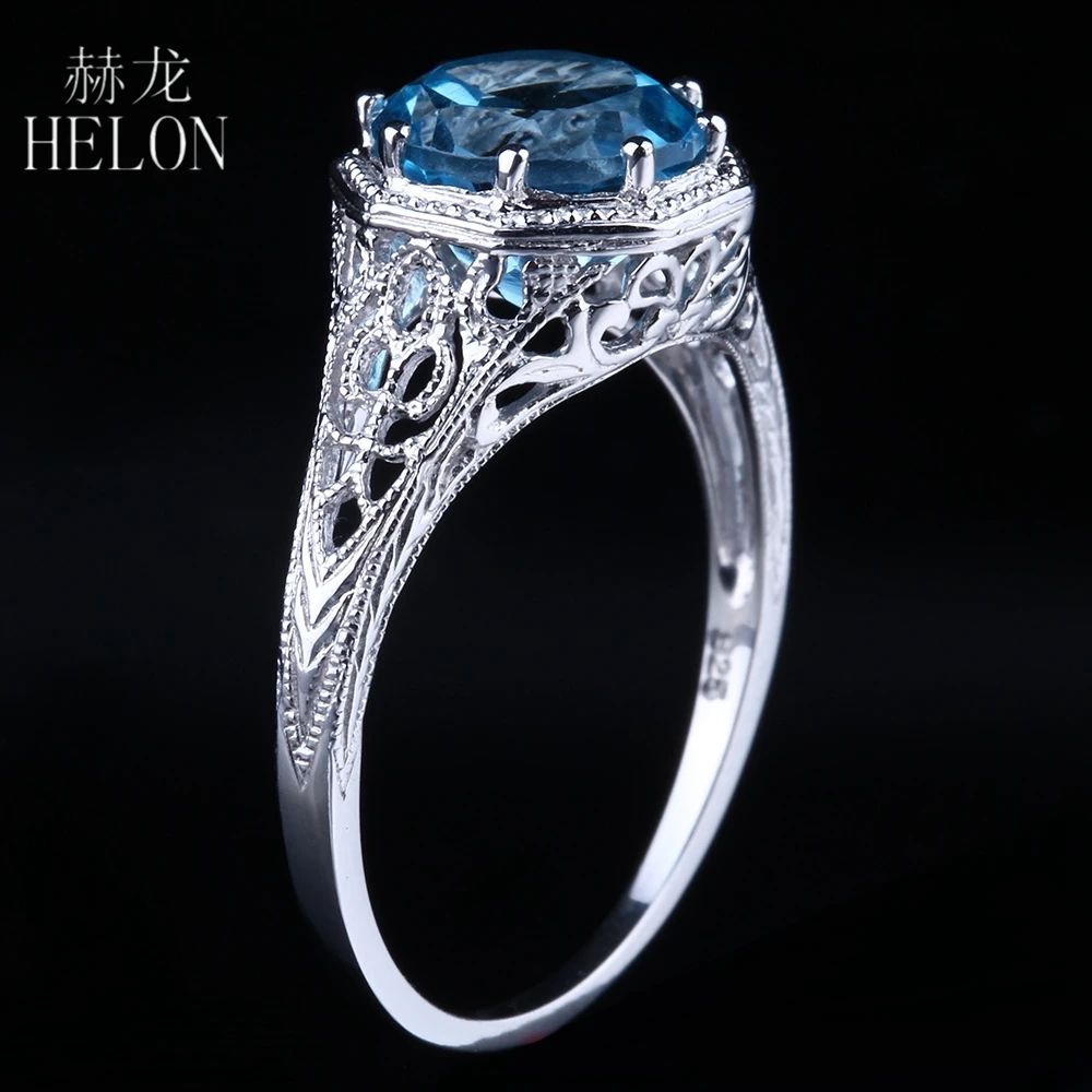 HELON 925 Sterling Silver Certified Round 2.3ct Genuine Natural Blue Topaz Engagement Ring Women Vintage Jewelry Gemstone Ring