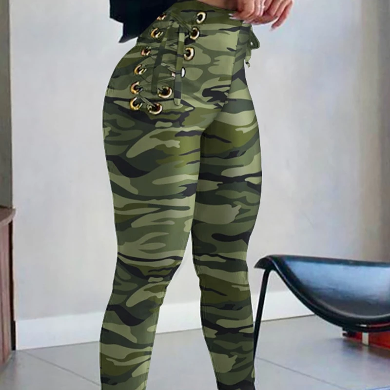 

Wepbel Slim Skinny Tight Trousers Bandage Pants Camouflage Waist Belt Leggings Pants Women High Waist Pencil Pants Bottom