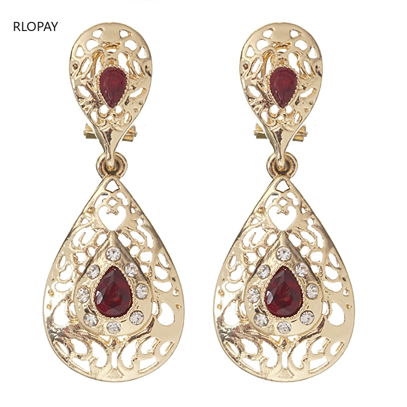 Тренд капли воды серьги белого золота красные и зеленые стразы для женщин
