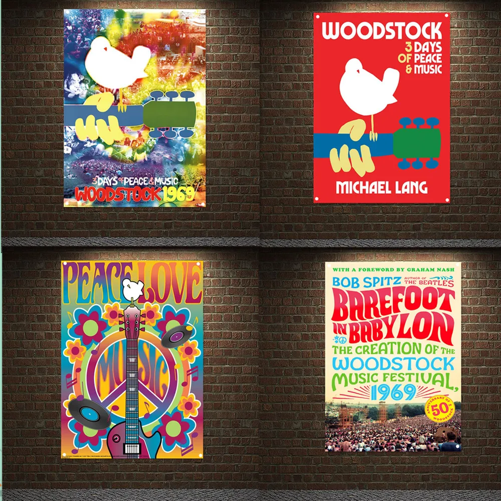 

1969s Woodstock Rock Festival Decorative Banners Flags Canvas Hanging Painting Flags Vintage Heavy Metal Music Poster Tapestry