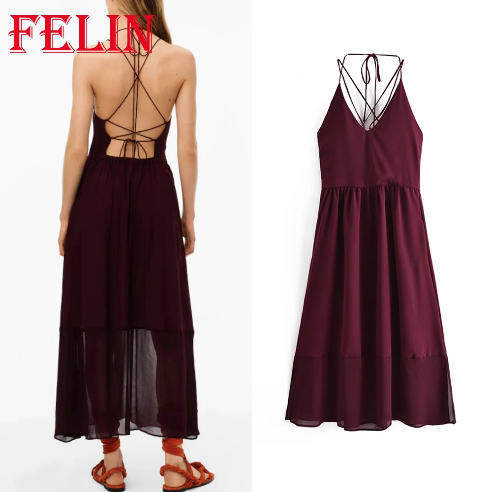 

FELIN Za Chiffon Women Dress Backless Sexy Cami Dress Sleeveless Summer Fashion 2021 V Neck Midi Dress Chic Mujer Vestidos