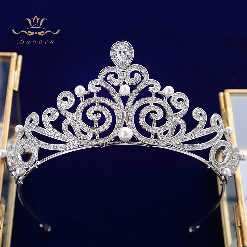 

Fashion Pearls Zircon Bridal Tiaras Crowns Plated Crystal Wedding Hairbands For Brides Evening Hair Jewelry