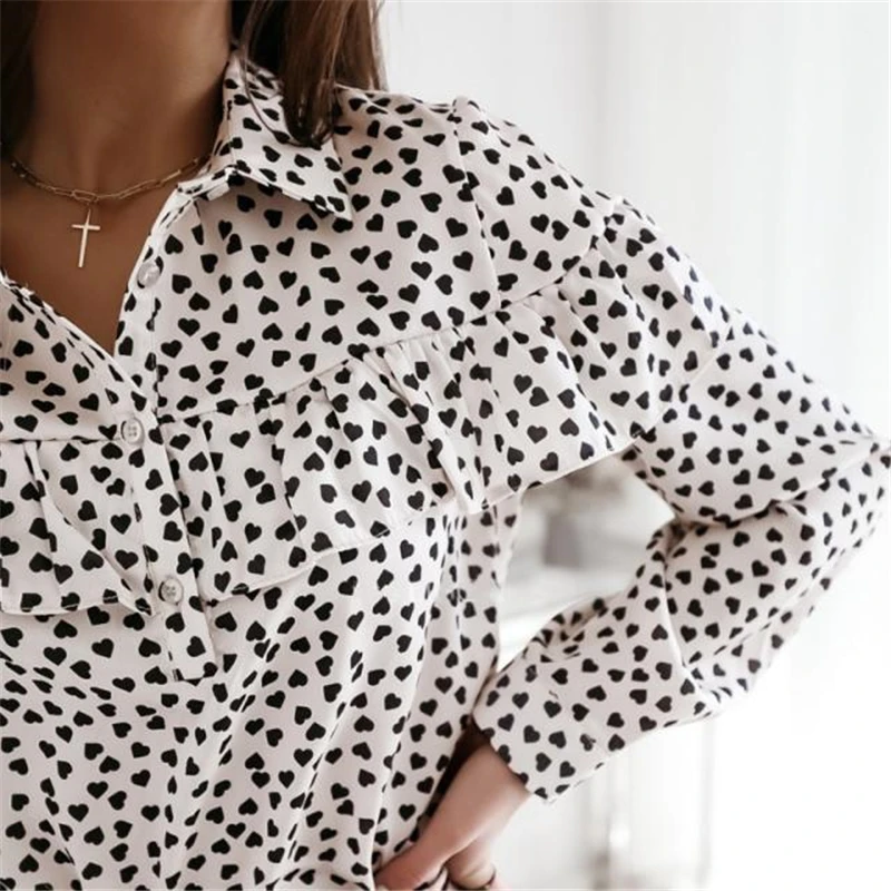 

New Women Polka Dot Print Shirt Loose V neck Tops Ladies Casual Ruffles Long Sleeve Autumn Office Work Shirts Tops Women Female
