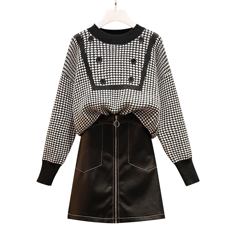 

Fashion Pullover Dress 2pcs Sets Women Plus Size Plaid Sweater Top Pocket Zipper A-line Leather Skirt Suit Spring Autumn Outfits