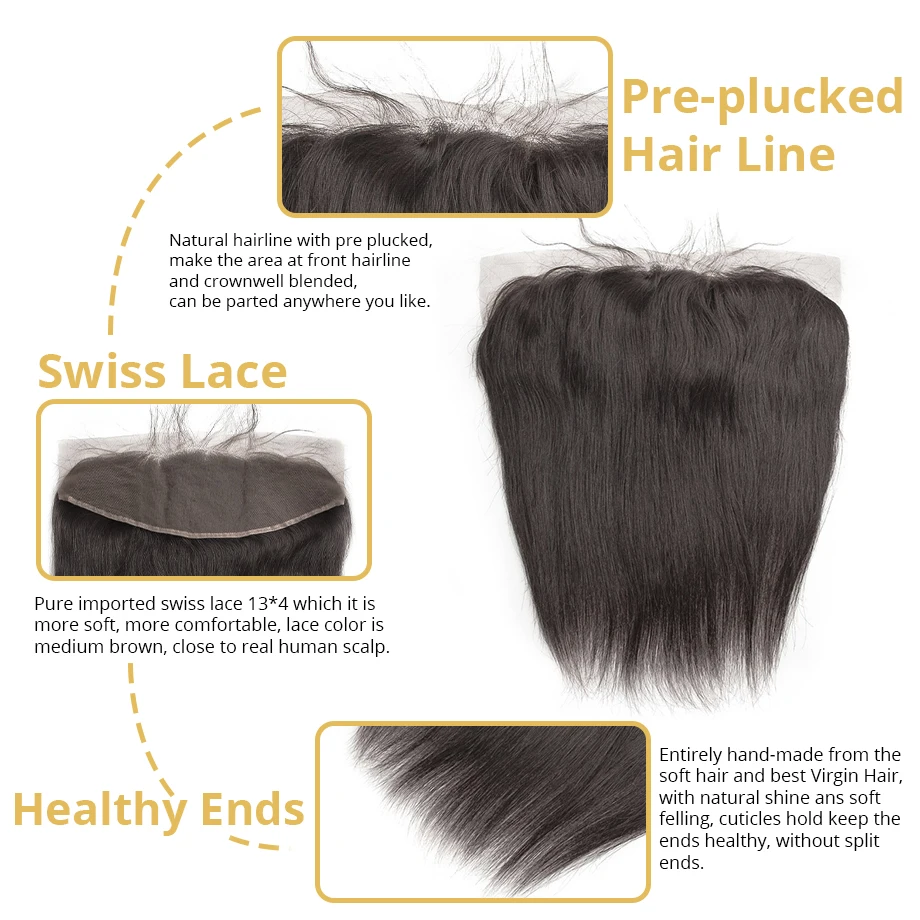 

13x4 Lace Frontal Straight Natural Brazilian Human Hair PrePlucked Hd Lace Frontal Closure Transparent Remy for Black Women 130%