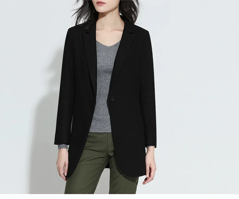 Single Button Long Slim Wool Black Office Blazer Feminino High Quality Lx1408