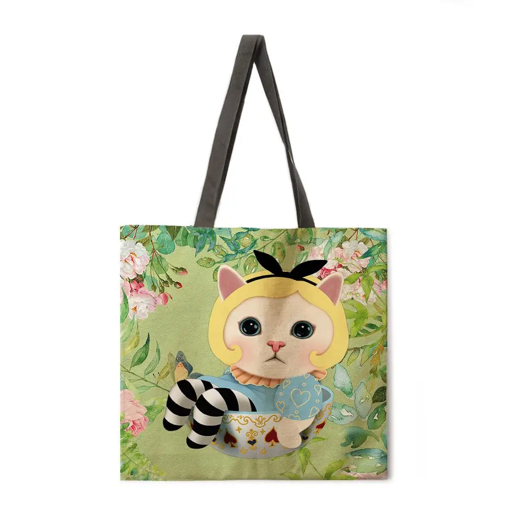 

Flower bush cat printed tote bag linen fabric bag casual folding shopping bag outdoor beach bag daily handbag