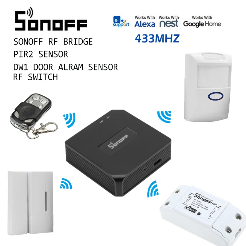 Sonoff RF Bridge 433 МГц Wifi преобразователь сигнала PIR 2 Датчик/DW1 дверной и оконный датчик сигнализации совместим с Alexa Google Home