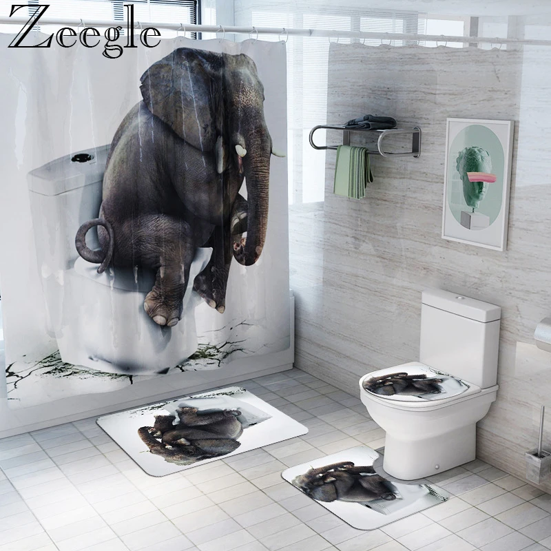 

Bath Mat Set Anti Slip Bathroom Carpet Shower Curtain Elephant Printed Bathroom Cover Toilet Seat Waterproof Bathroom Curtain