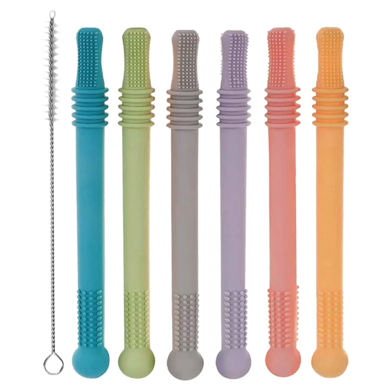 

7 Pcs Hollow Teether Tube, Toddler Chewing Straw Toy, Baby Silicone Teething Toy, Anti-Eating Hand Straw, Silicone Color