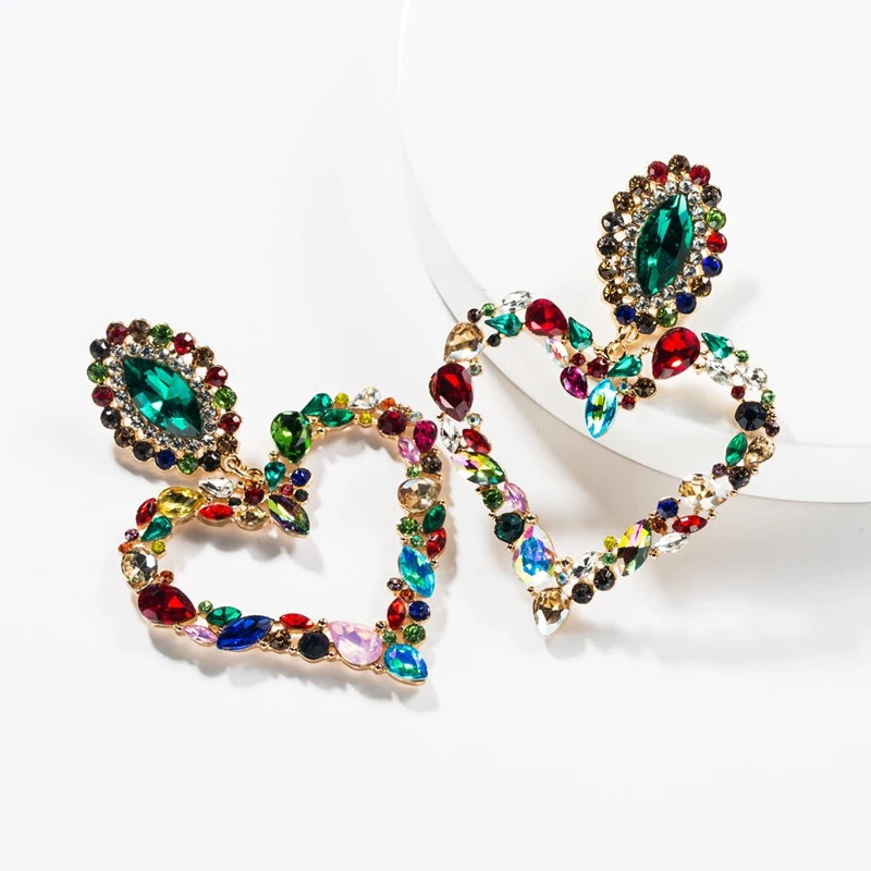 Exaggerated Colorful Rhinestone Crystal Heart Drop Dangle Earring Oorbellen Women Girl Statement Studs Earrings Jewelry SPE402 | Украшения