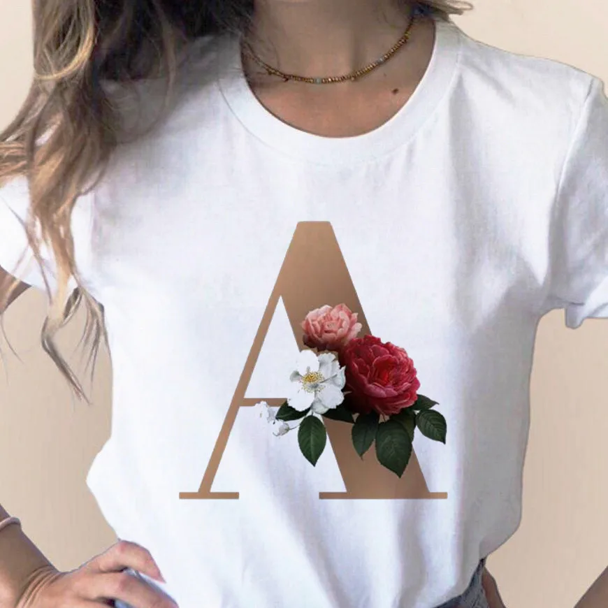 

Custom name letter combination women's High quality printing T-shirt Flower letter Font A B C D E F G Short sleeve Clothes