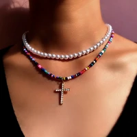 2 pcsset imitation pearl rhinestone cross pendant beaded necklace for women colorful acrylic seed bead strand bohemian jewelry