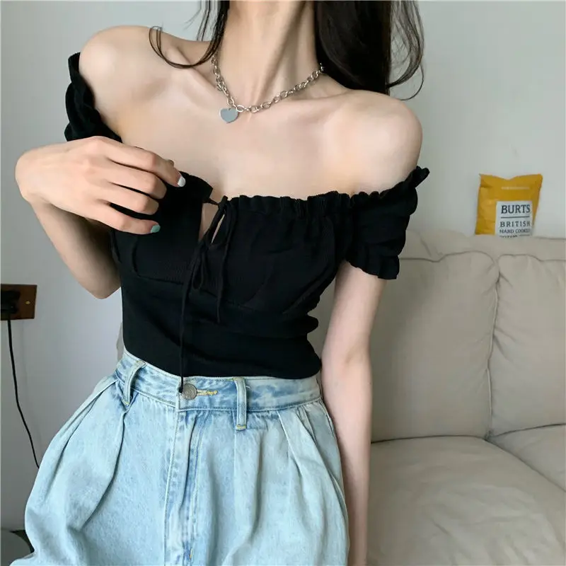 

Женский облегающий свитер с коротким рукавом и грибковым краем, тонкая летняя Новинка 2021, корейский облегающий Короткий Джемпер, Топ