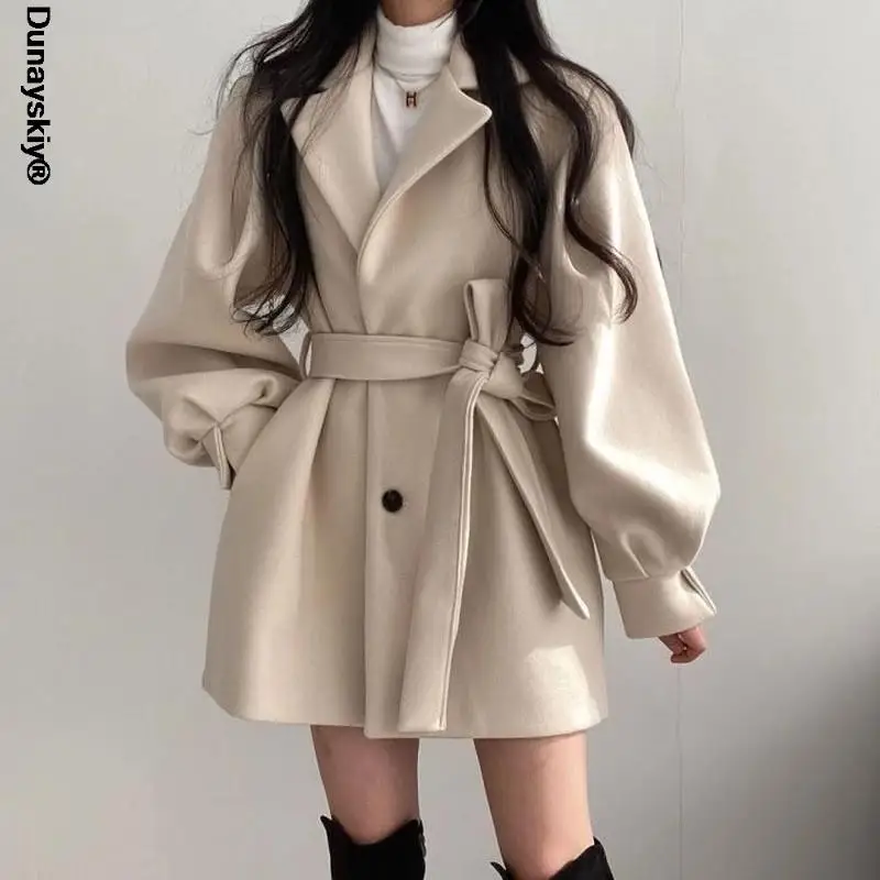

Women Solid Wool Blend Coat Slim Fit Belt Coats Female Warm Plus Cotton Thicker V-neck Office Lady Elegant Trendy Button Outwear