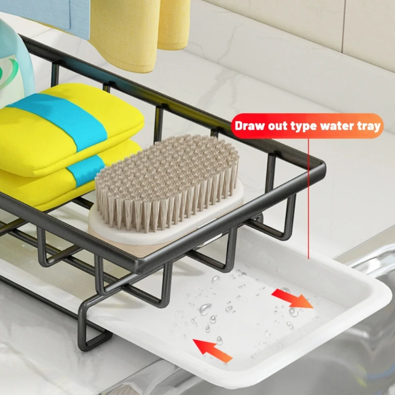 

Wall Mount Hanging Kitchen Drain Basket Sponge Storage Rack Rag Holder Towel Shelf with Drain Pan Sink Organizer Dish N1HA