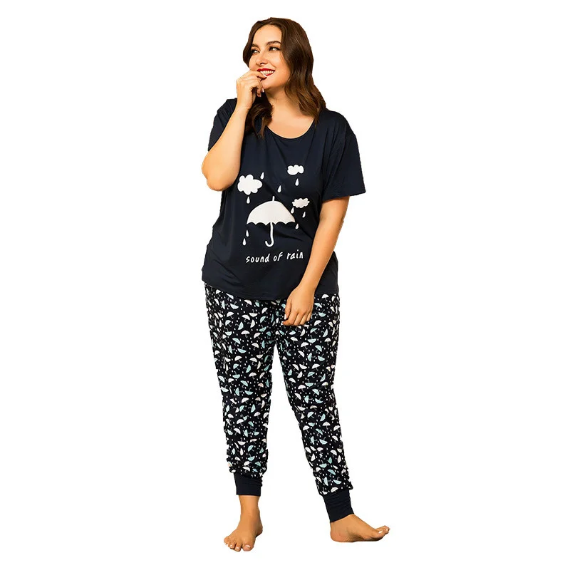 

Maketina 4XL Plus Size Women Summer Nice Umbrella Cartoon Printing Pajama Sets Short Sleeve Pajamas Soft Sleepwear Loungewear