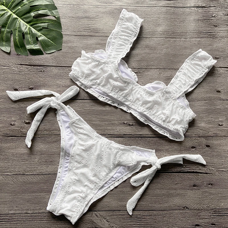 

Sexy Women Bikini Sets Solid Color Ruffled Swimwear Bathing Suits 2 Piece Split Push Up Bandage Beachwear