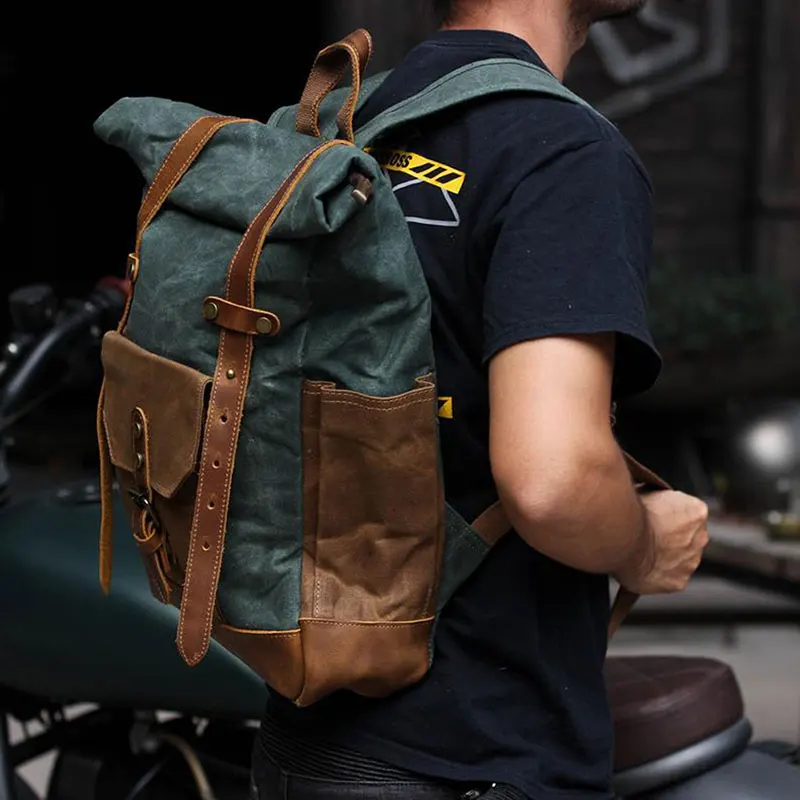 

Mens Vintage Rolltop Backpack Male Waterproof Oil Waxed Canvas Leather Laptop School Bag Outdoor Travel Rucksack