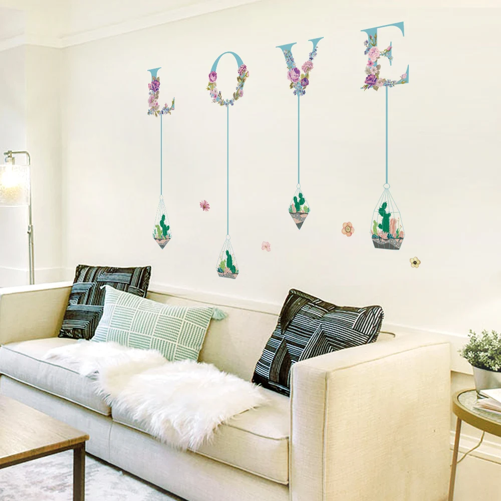 Наклейки на стену с сердечками и цветами зеленые растения европейские украшения
