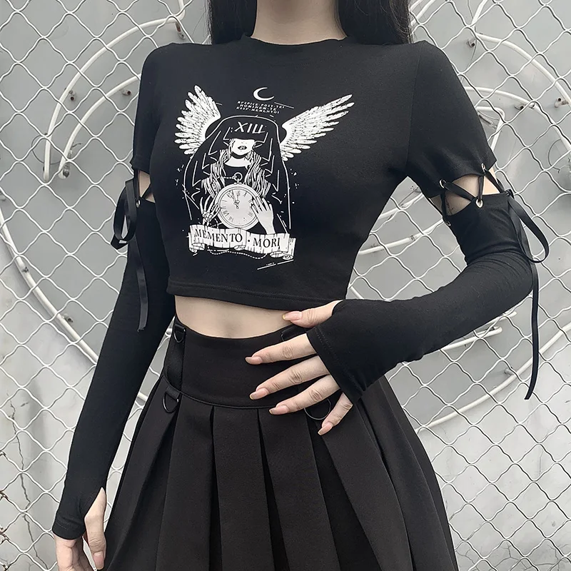 

Long Sleeve Slim T-shirts Fashion Autumn Female Top Goth Witch Print Black Bodycon Tops Women Gothic Harajuku Punk Patchwork