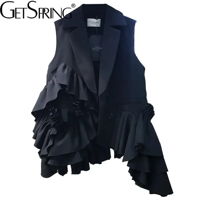 

Getspring Women Vest Ruffle Splicing Irregular Vest Jacket Autumn Winter Asymmetry Black Sleeveless Womens Vests Coats 2021 New