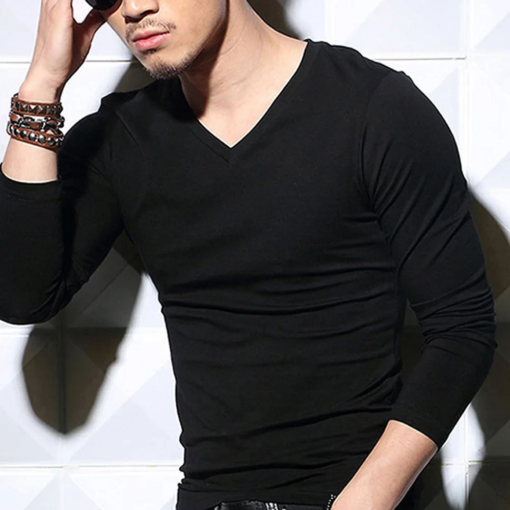 Повседневный Однотонный мужской пуловер с длинным рукавом и V-образным вырезом