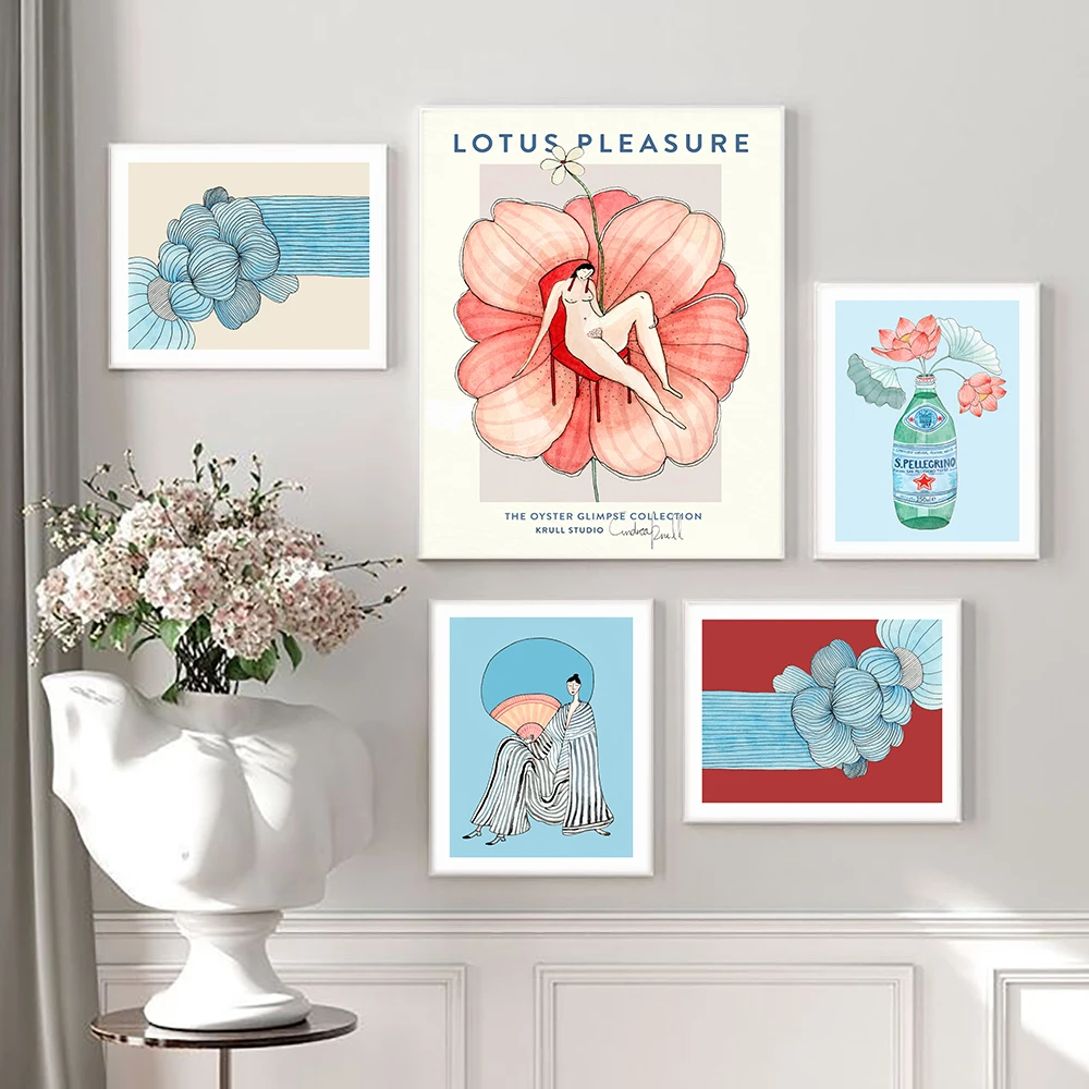 

Lotus Nude Woman Canvas Painting Abstract Fullmoon Fan Waterfalls Art Pictures Nordic Wall Poster For Living Room Decor Prints