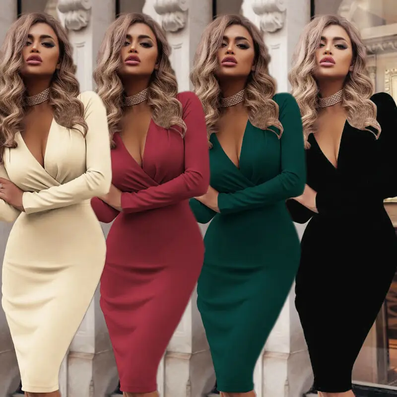 Женское платье с V-образным вырезом длинным рукавом | Женская одежда