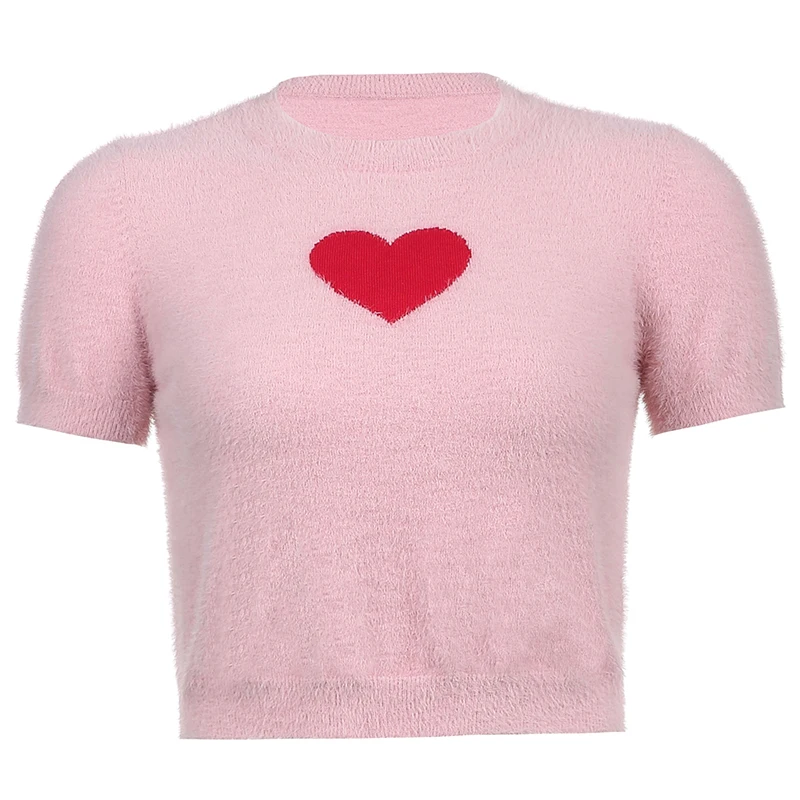 

Sweet Heart Print Tops Pink Knit Furry Y2k Femme Women T-Shirt 2021 Summer Crop Top Harajuku Short Sleeve White Tee Shirt Gothic