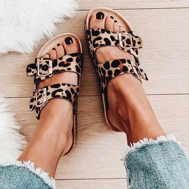 

Woman Leopard Snake Print Double Buckle Decorative Set To Wear Open-toed Flat Bottom Fashion Casual Sandals and Slippers KA208
