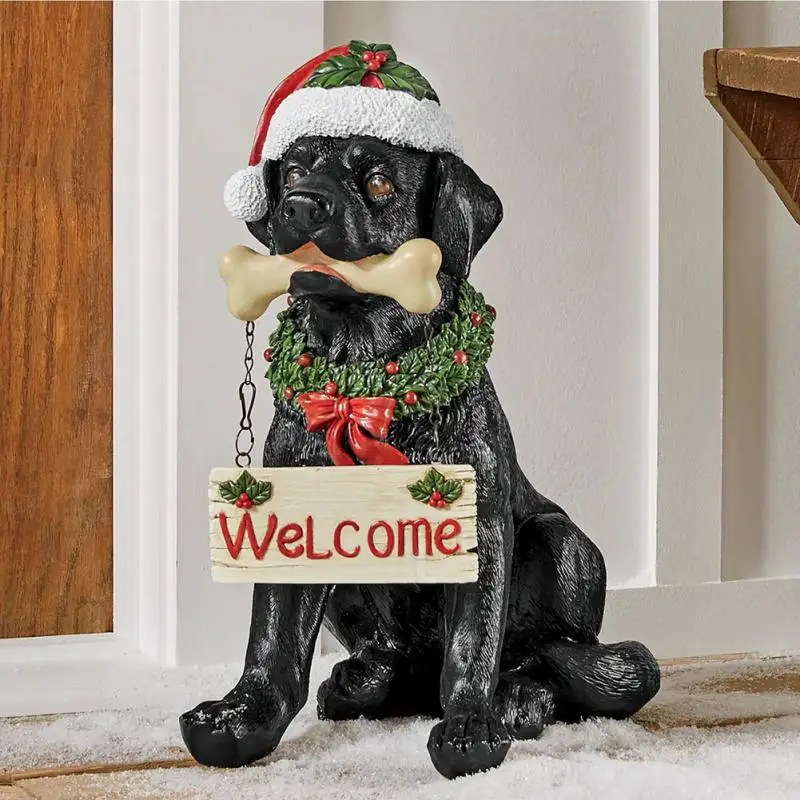 

Рождественская статуя собаки из смолы, черный лабрадор, декор с шапкой Санты, Рождественская скульптура собаки-Watchdog для дверей, новый год 2022