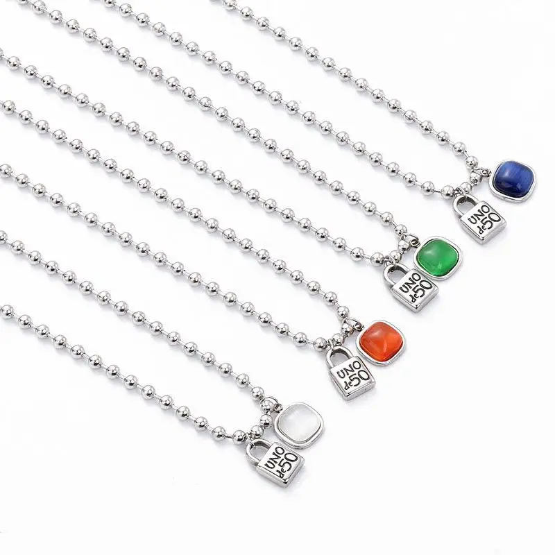

New Uno Do 50 Stainless Steel Pendant Necklace Jewelry Retro 4mm Bead Chain Lock Opal Necklace for Men and Women