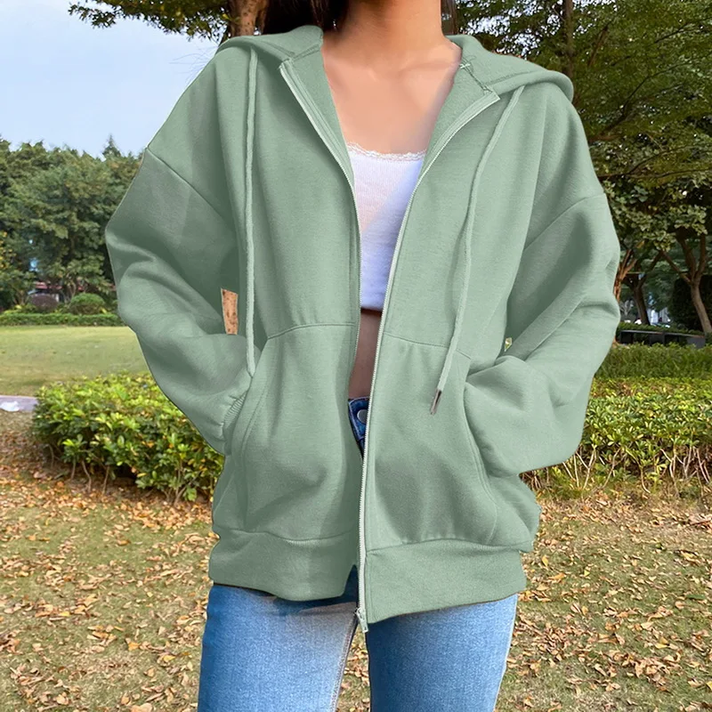

Green Hoodies Women'S Sweatshirts Hoodie Pocket Jacket Harajuku Clothing Femme 2021 Autumn Hooded Zipper Top Korean