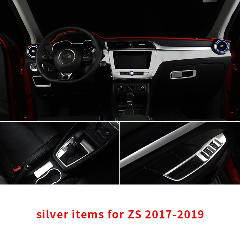 silver items for MG ZS 2017-2019 Window switch panel Gearshift panel Sound horn Air conditioner outlet Decorative frame
